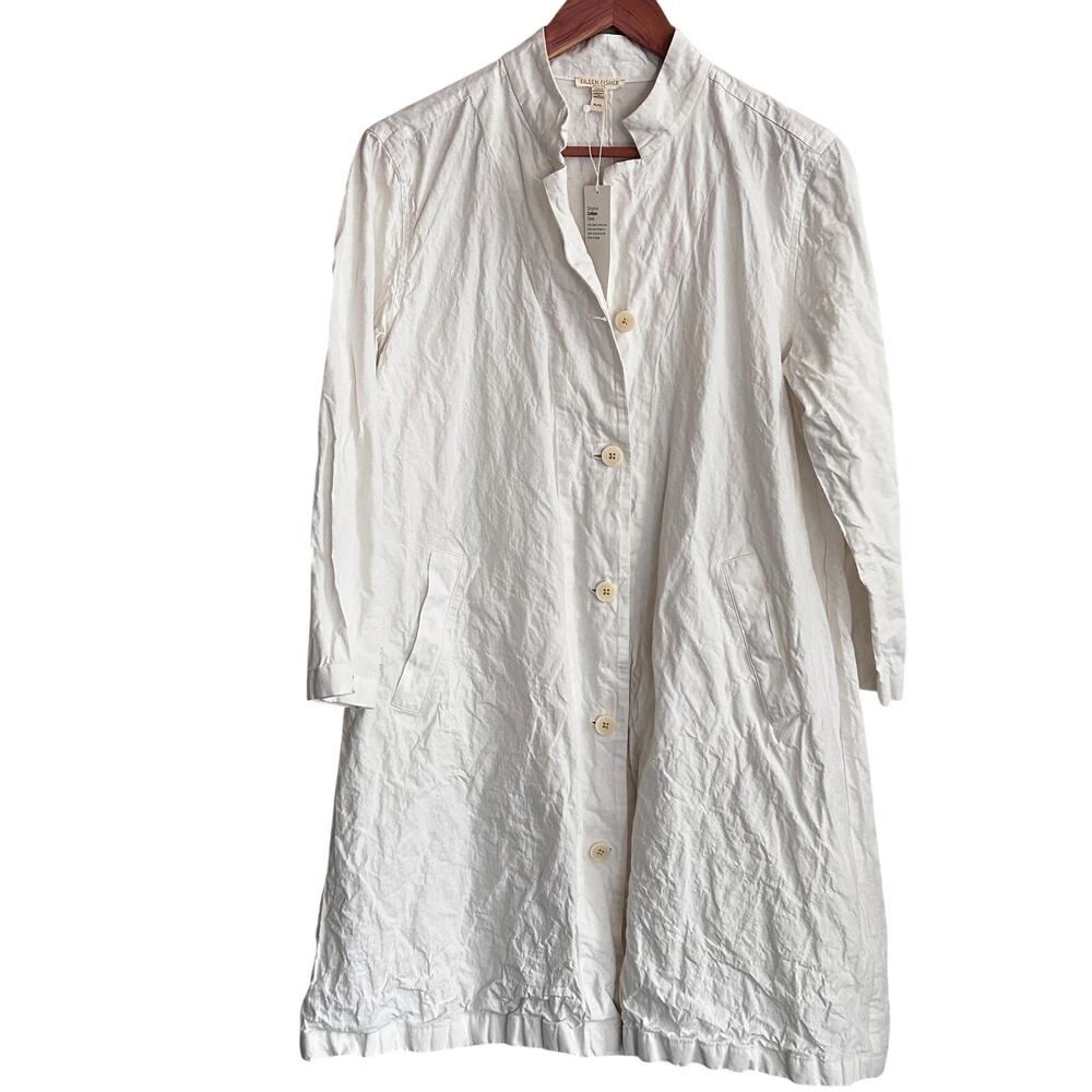 Eileen Fisher Cotton Steel Jacket L PL LP White NWT Mandarin Collar Coat Capsule